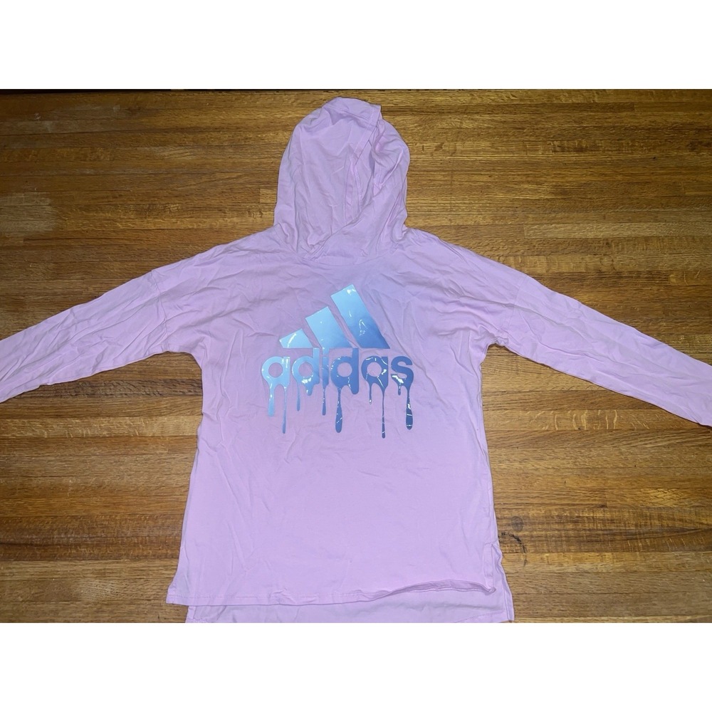 Adidas Girl LG (14) Pink Drip Logo Long Sleeve Lightweight Pullover Hooded Shirt